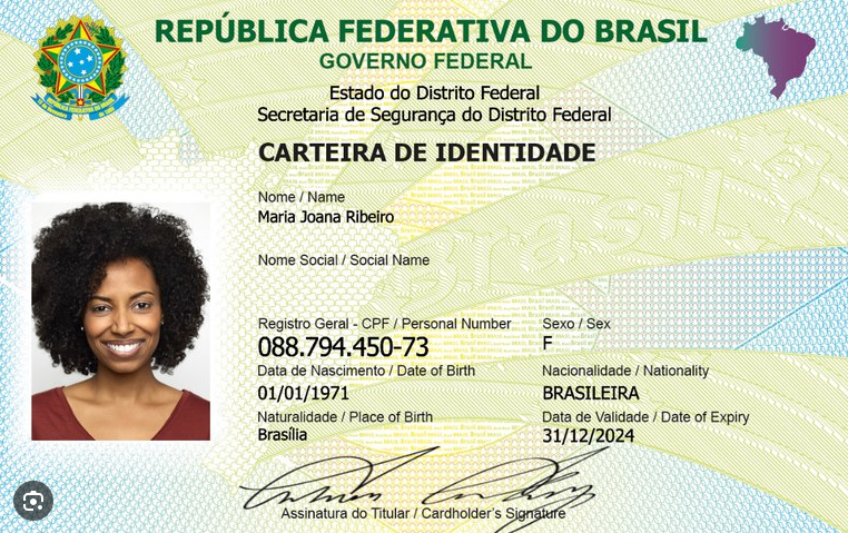 Exemplo de Novo RG brasileiro com todos os dados de identificação, ilustrando o documento que pode ser agendado online.