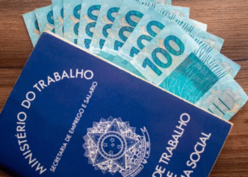 Foto ilustrativa de cédulas de R$100 e carteira de trabalho, representando o tema do salário mínimo e suas projeções para 2026.