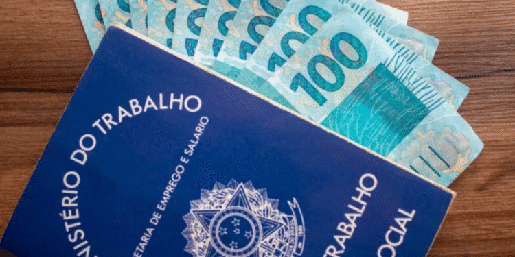 Foto ilustrativa de cédulas de R$100 e carteira de trabalho, representando o tema do salário mínimo e suas projeções para 2026.