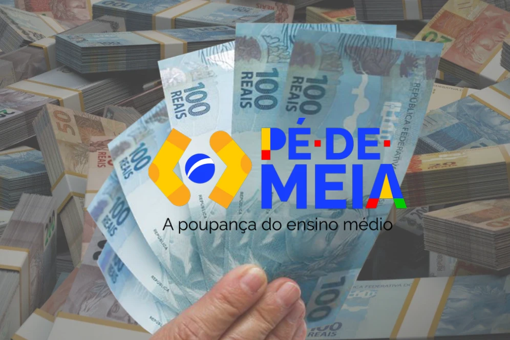 Notas de cem reais em mãos com o logo colorido do Pé-de-Meia e o texto 'A poupança do ensino médio'.