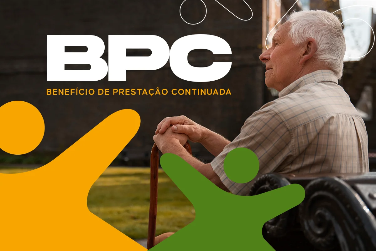 Imagem ilustrativa do BPC com pessoa idosa segurando bengala em fundo tranquilo, destacando o benefício de prestação continuada.