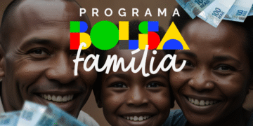 Família sorridente com cédulas de 100 reais, com logo colorido do programa Bolsa Família sobreposto.