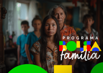 Família reunida em ambiente doméstico com destaque para o logotipo do Programa Bolsa Família 2025