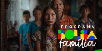 Família reunida em ambiente doméstico com destaque para o logotipo do Programa Bolsa Família 2025