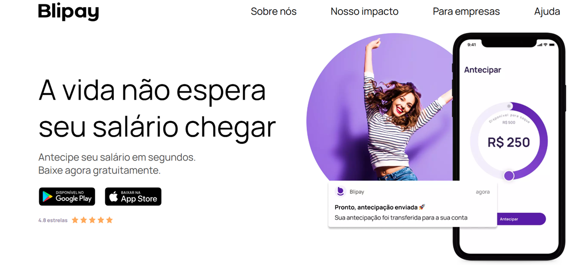 Tela do site do Blipay mostrando o app para antecipação de salário com avaliação 4.8 estrelas