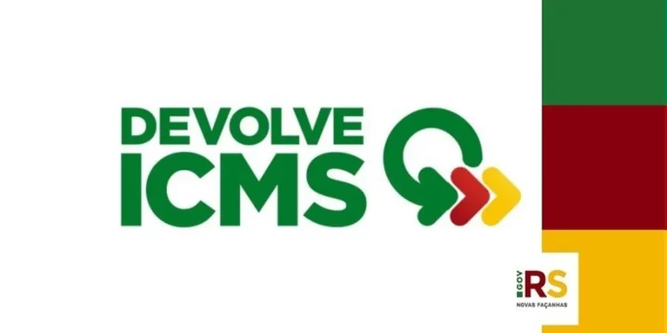 Logotipo do programa Devolve ICMS com o tema de apoio financeiro para famílias no Rio Grande do Sul, destacando as cores oficiais.
