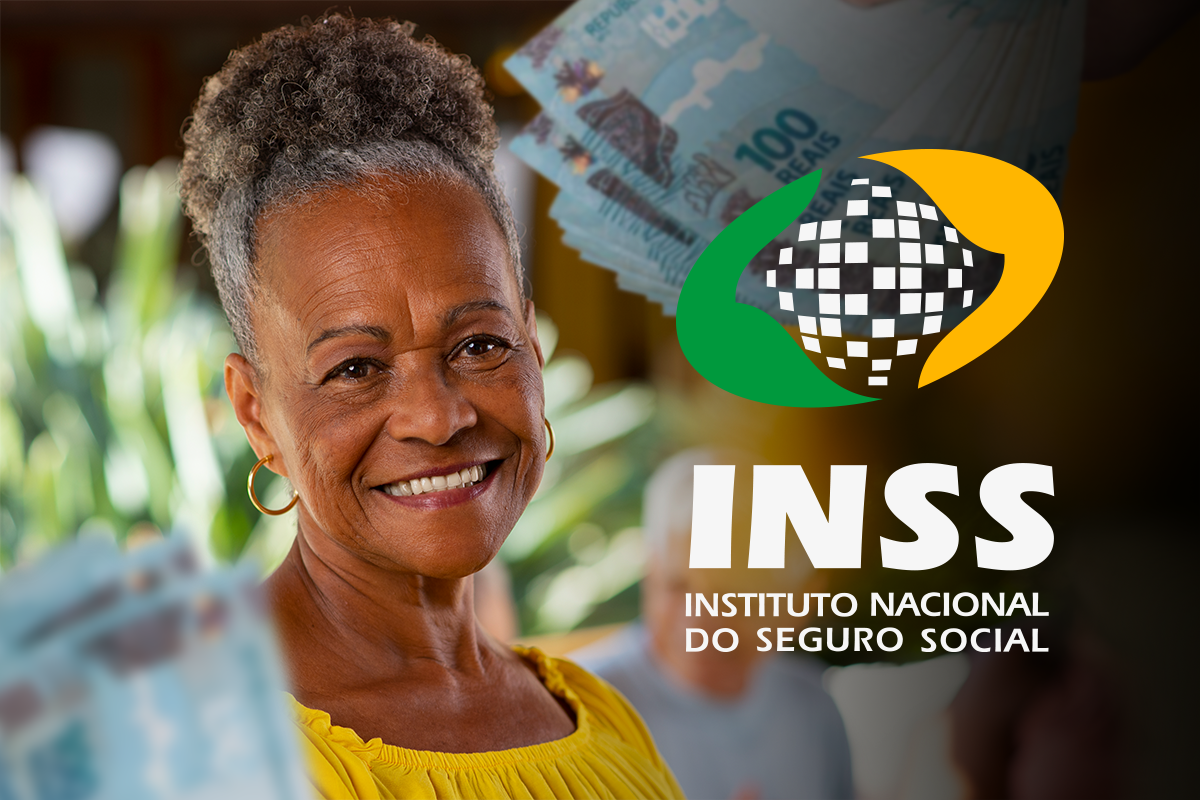 Mulher idosa sorrindo ao lado do logotipo do INSS com notas de real ao fundo