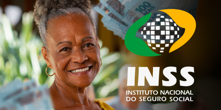 Mulher sorridente segurando cédulas de dinheiro com logo do INSS ao lado, ilustrando o pagamento da 2ª parcela do 13º salário dos aposentados em 2025.