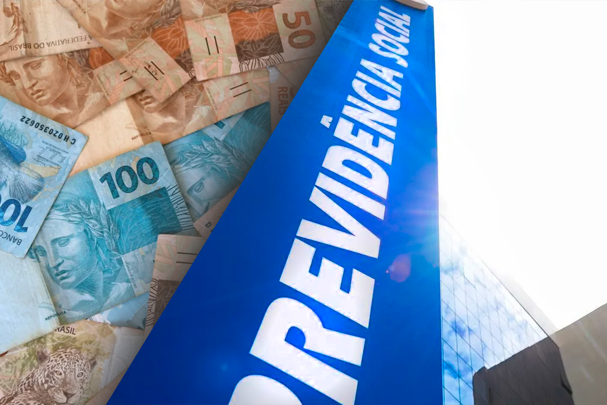Imagem mostrando o prédio do INSS com notas de 100 e 50 reais, representando a devolução de valores aos aposentados.