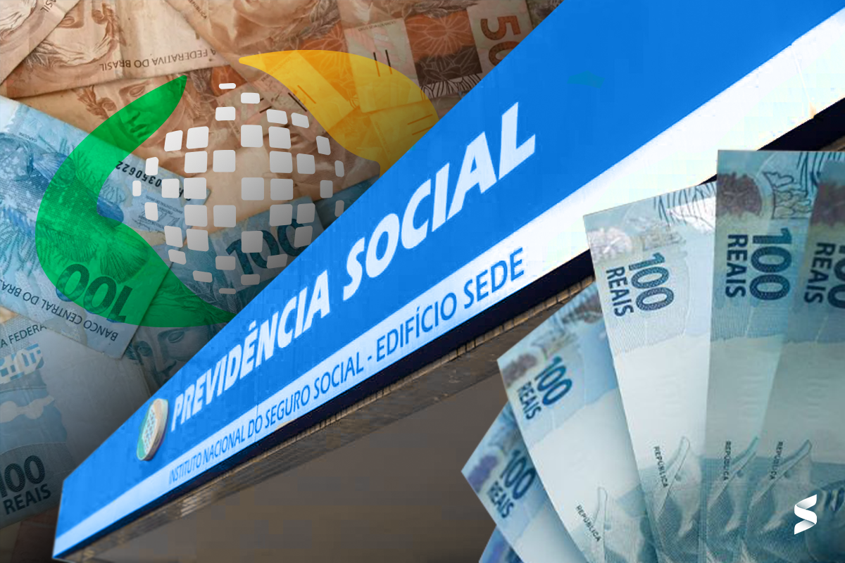 achada do prédio do INSS com cédulas de 100 reais ao fundo.