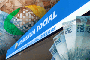 Fachada do prédio da Previdência Social com notas de reais ao fundo representando pagamento do INSS.