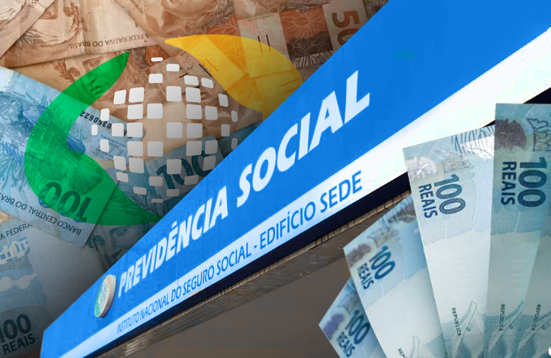 Fachada da sede da Previdência Social com notas de real em primeiro plano
