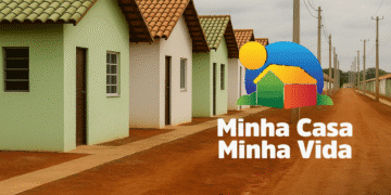 Imagem de casas do programa Minha Casa Minha Vida com casas de diferentes cores e infraestrutura urbanística. Representa o programa habitacional disponível para a classe média.
