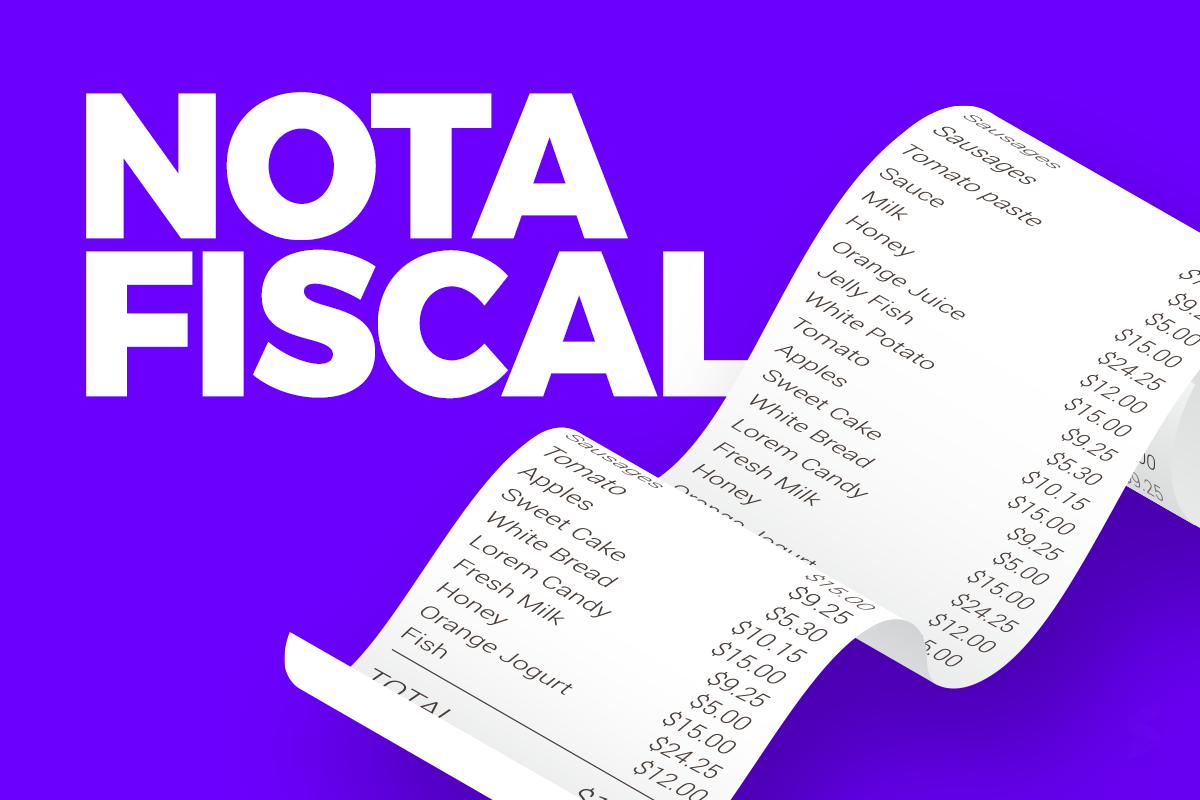 Ilustração de uma nota fiscal com itens de compras e valores, destacando o conceito da Nota Premiada Paulista