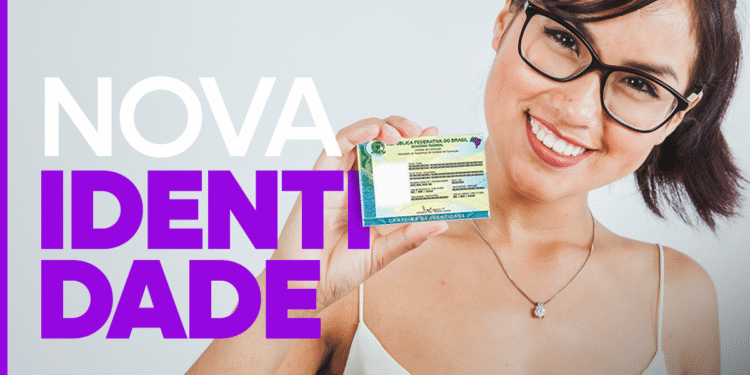 Imagem de uma jovem sorrindo e exibindo sua nova carteira de identidade brasileira, com texto de promoção sobre atendimento gratuito.