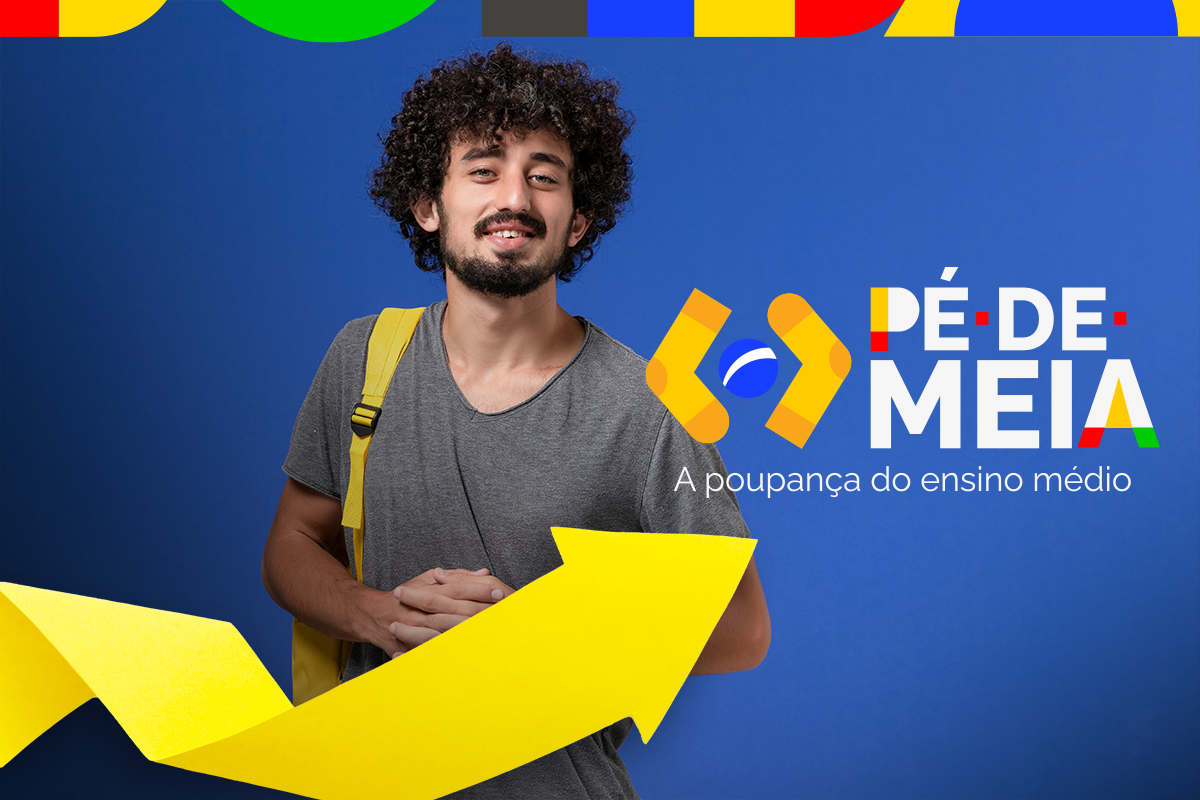 Requisitos para participar do Pé-de-Meia em maio Estudante com mochila e seta amarela simbolizando crescimento no programa Pé-de-Meia