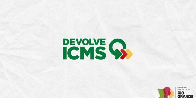Logotipo do programa Devolve ICMS com símbolos coloridos e marca do governo do Estado do Rio Grande do Sul.