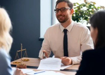 Advogado atendendo casal em consultoria jurídica gratuita