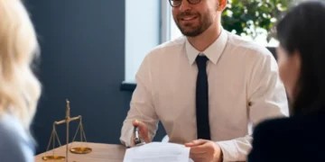 Advogado atendendo casal em consultoria jurídica gratuita