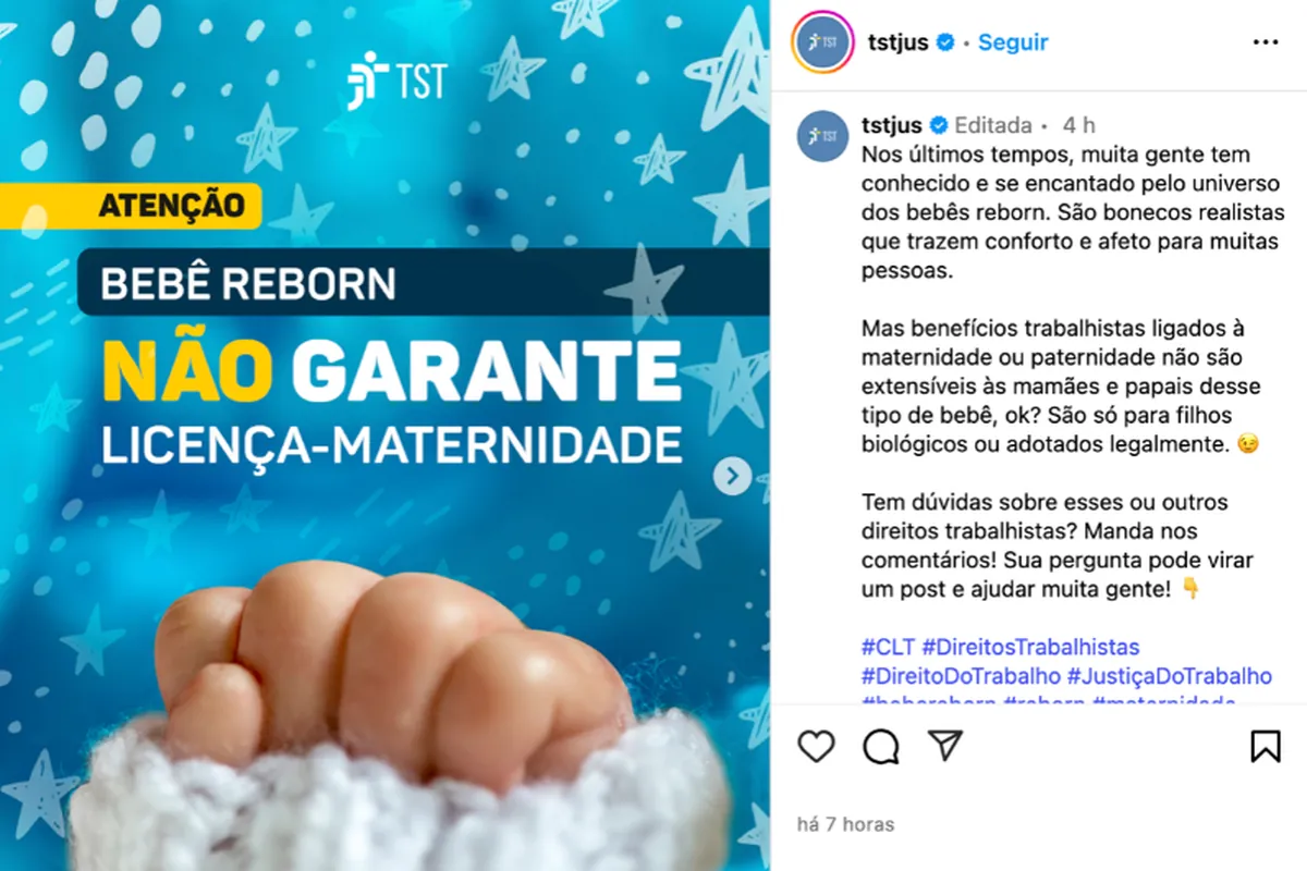 Aviso do TST informando que bebê reborn não dá direito à licença-maternidade.”