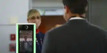 Pessoa passando por um sistema de biometria facial em um ambiente público, com um dispositivo de reconhecimento facial em operação.