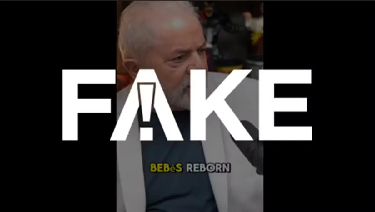Homem sério em entrevista com texto sobre notícias falsas relacionadas ao Bolsa Família e bebês reborn