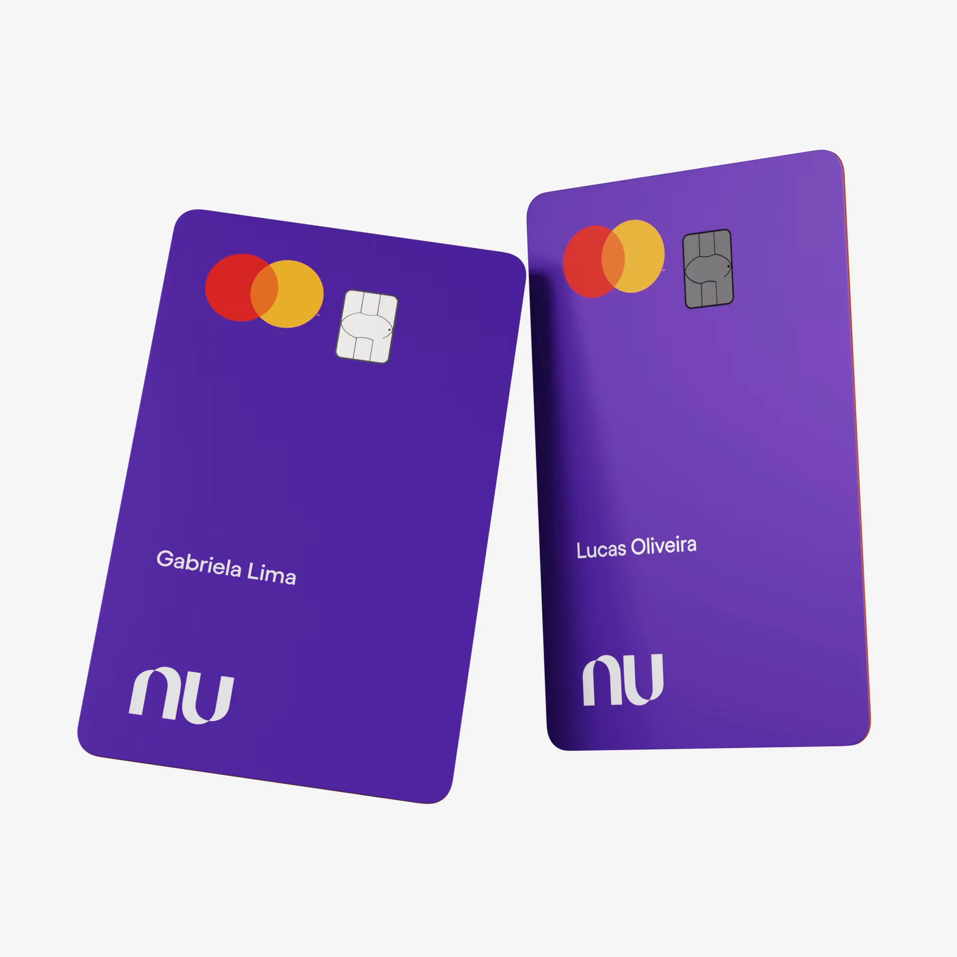 Cartões roxos do Nubank com nomes Gabriela Lima e Lucas Oliveira, representando usuários que podem solicitar empréstimo pessoal.