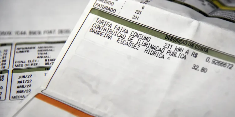 Detalhe de uma conta de energia elétrica com destaque para tarifas e consumo.