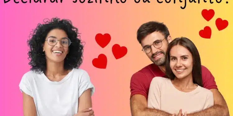 Casal feliz abraçado e mulher sorridente representando a dúvida entre declaração de imposto de renda conjunta ou separada.