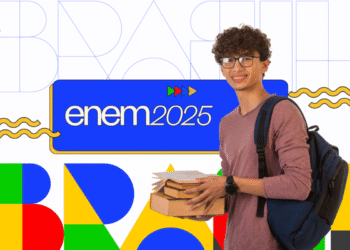 Estudante sorrindo com mochila e livros na mão, ao lado do logo Enem 2025 em um fundo colorido