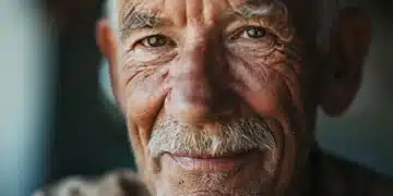 Rosto de um homem idoso sorridente, mostrando expressão de serenidade e experiência.