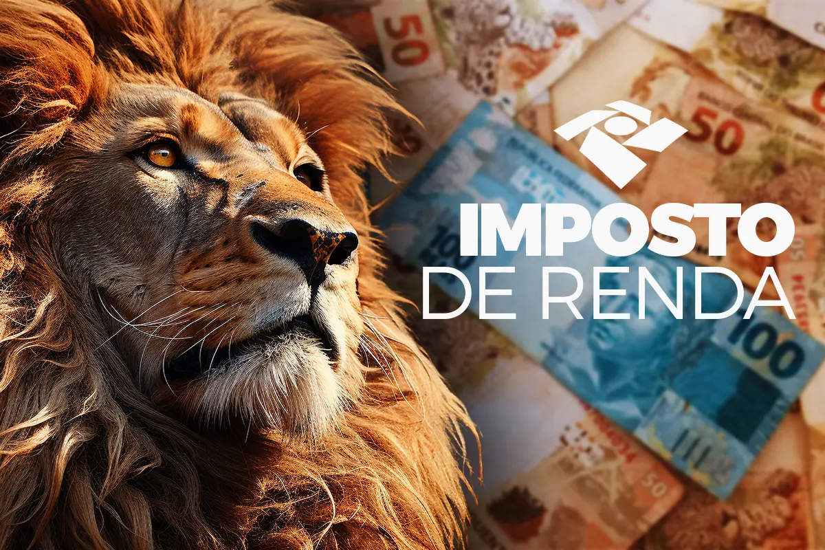 Leão simbolizando o imposto de renda sobre notas de real, destacando a escolha entre declaração conjunta e separada.