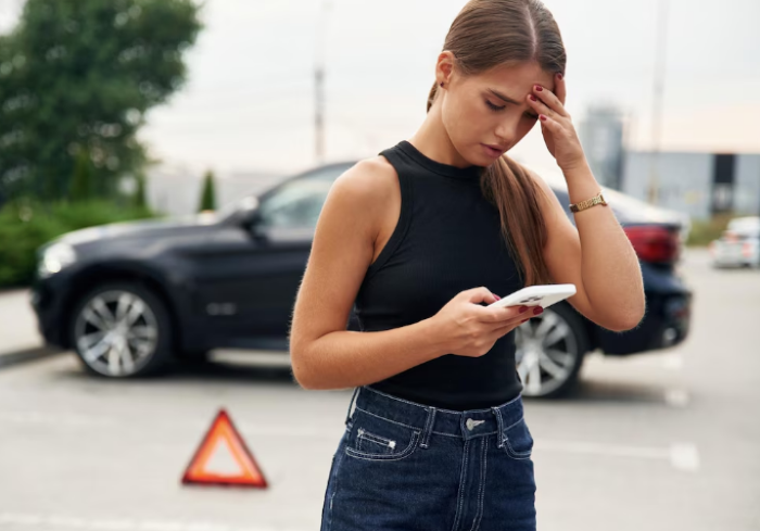 Mulher preocupada conferindo notificação de multa de trânsito no celular com carro parado ao fundo