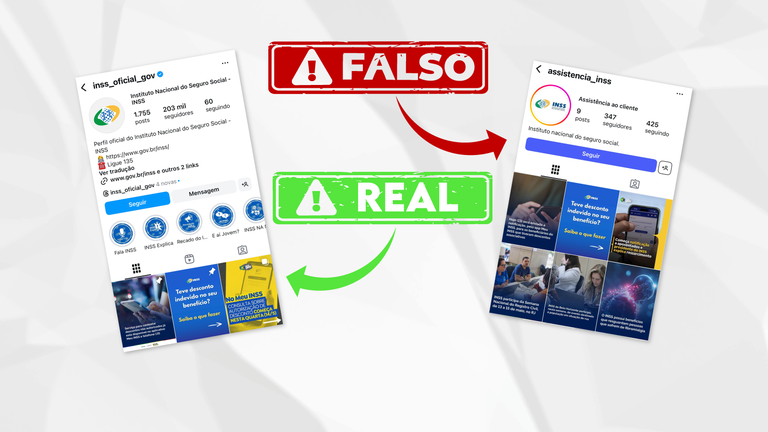 Comparação entre perfil oficial e perfil falso do INSS no Instagram com indicadores de falso e real.