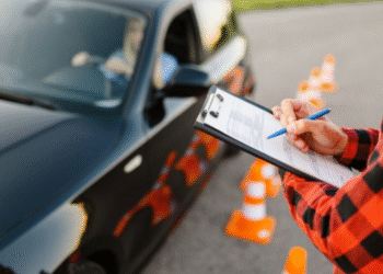 Agente de trânsito preenchendo formulário para multa com motorista dentro do carro