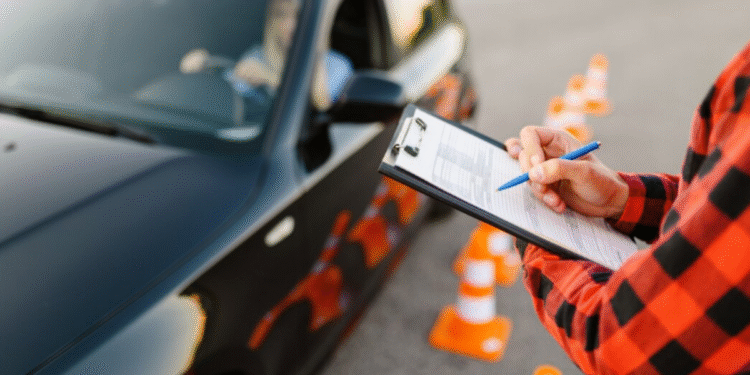 Agente de trânsito preenchendo formulário para multa com motorista dentro do carro