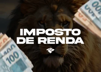 Leão com notas de real representa o Imposto de Renda e a restituição de 2025.