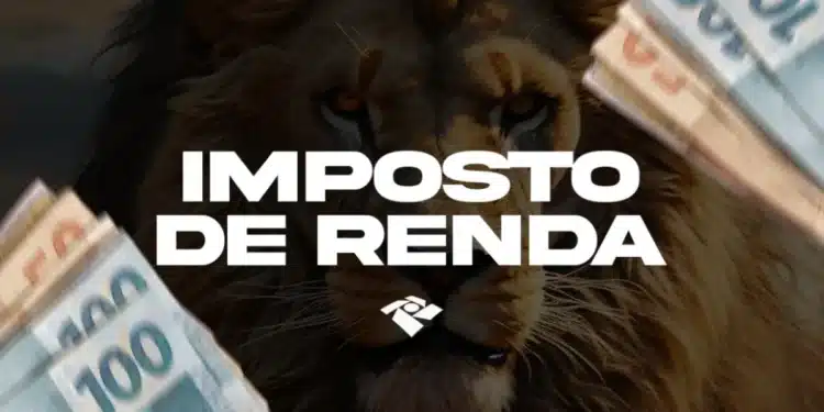 Leão com notas de real representa o Imposto de Renda e a restituição de 2025.