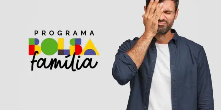Homem com expressão de preocupação cobrindo um olho com a mão ao lado do logo do Programa Bolsa Família.