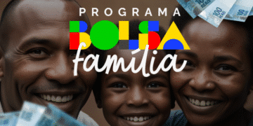 Imagem promocional do Bolsa Família e Auxílio Gás, com a logo do programa e uma família sorrindo ao fundo, acompanhada por notas de 100 reais.