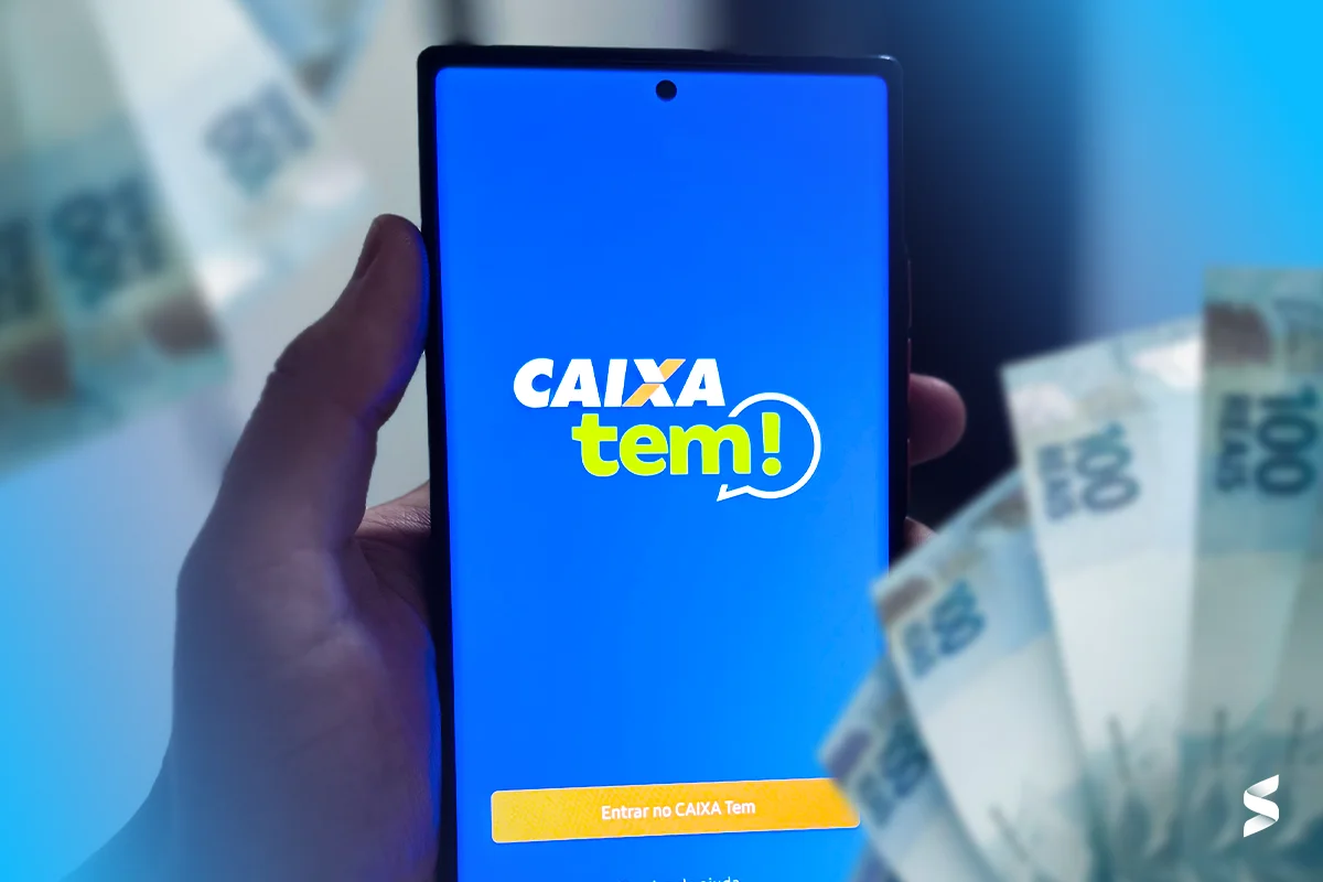 Tela inicial do aplicativo CAIXA Tem em smartphone, com destaque para a interface azul e o botão de entrada