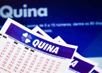 Imagem de cartelas de aposta da Quina de São João com fundo azul e o logo da Quina.