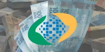 Cédulas de 100 reais brasileiras em mãos com o logo do PIS/Pasep sobreposto, representando o resgate de valores esquecidos.