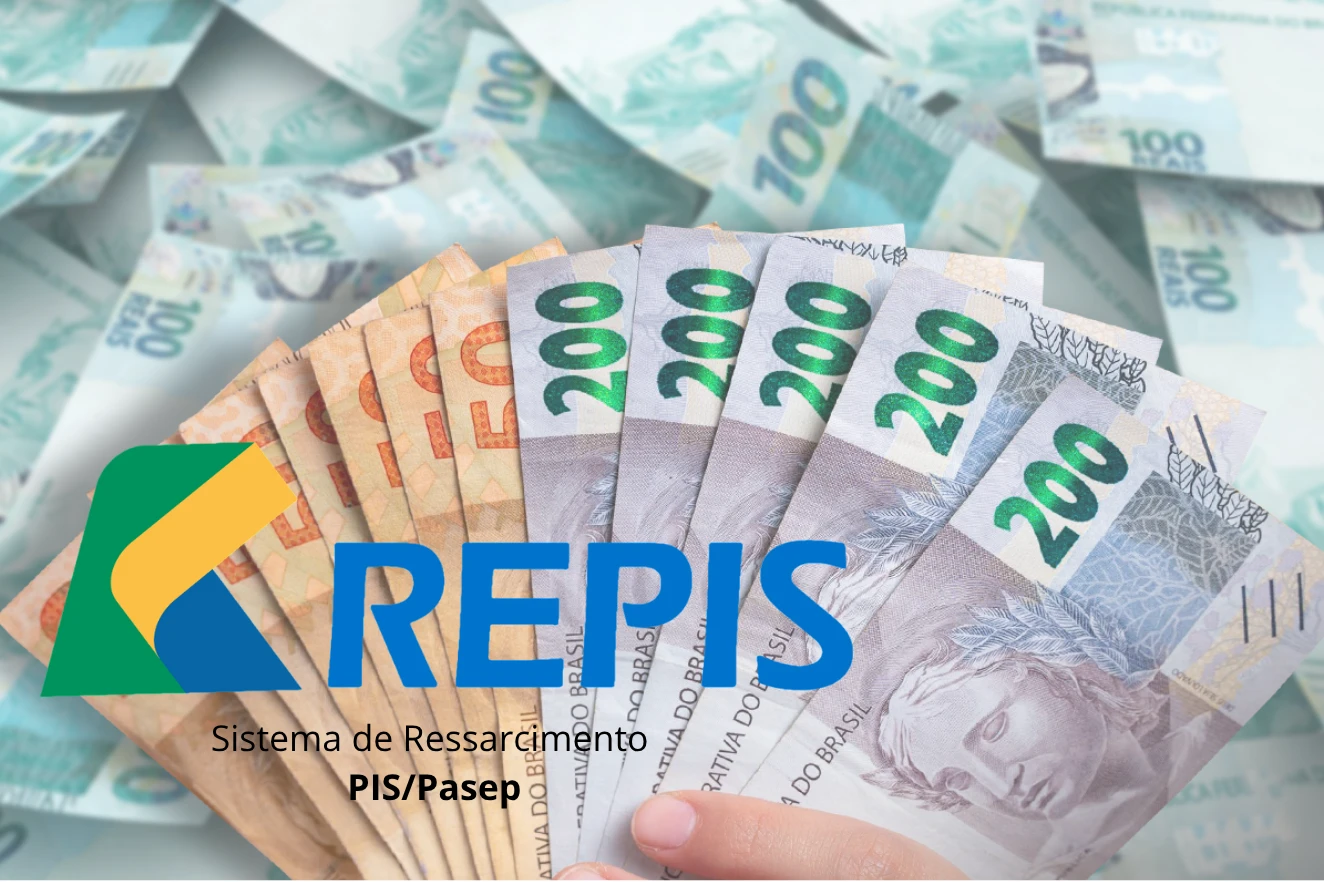 Notas de dinheiro brasileiro e logo do Sistema de Ressarcimento PIS/Pasep