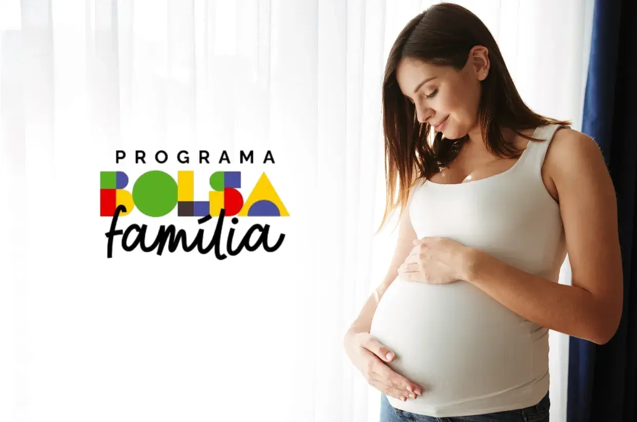 Imagem de uma mulher grávida, simbolizando as condições do programa Bolsa Família para gestantes. A imagem ilustra a importância da condicionalidade de acompanhamento pré-natal, com a logo do programa em destaque, para reforçar a comunicação visual do tema.