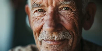 Idoso sorrindo com cabelos grisalhos, mostrando uma expressão amigável e com pele enrugada.