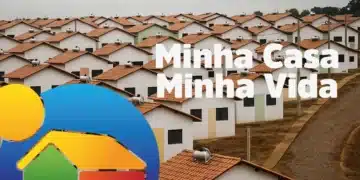Imagem de residenciais do programa Minha Casa Minha Vida com várias casas em série, destacando o projeto habitacional de 2025.