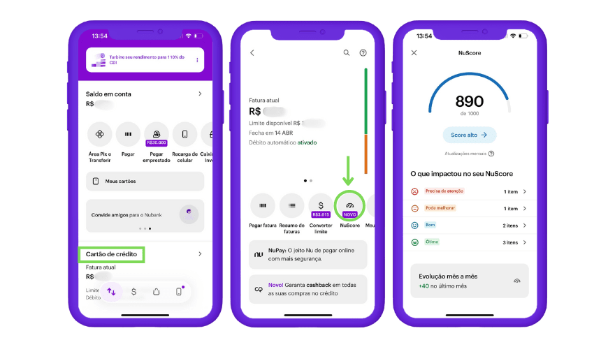 Imagem do aplicativo Nubank mostrando o NuScore e detalhes sobre o limite de crédito, incluindo áreas para ver fatura, pagamentos, e histórico de score.