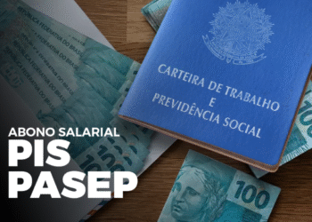 Carteira de Trabalho e dinheiro em notas de 100 reais ilustrando o PIS/Pasep 2025, com foco nos erros que podem impedir o pagamento.