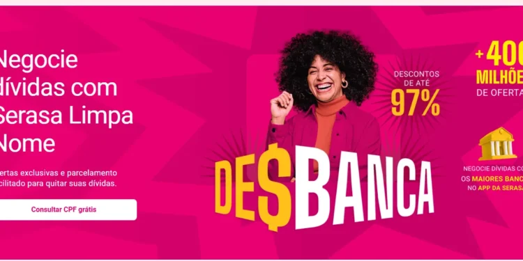 Imagem promocional do Serasa Limpa Nome com oferta de até 97% de desconto para negociação de dívidas. Ação válida até 30 de junho.